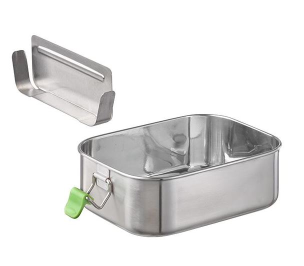 Lunchbox M mit hygienischer Edelstahloberfläche, Silikondichtung und Trennsteg. Maß: 18,5 x 13,5 x 6,5 cm mit 0,8 l Kapazität.