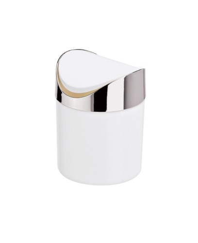 Tischabfalleimer. Kunststoff. mit Schwingdeckel und verchromtem Ring. Durchmesser oben 12 cm.