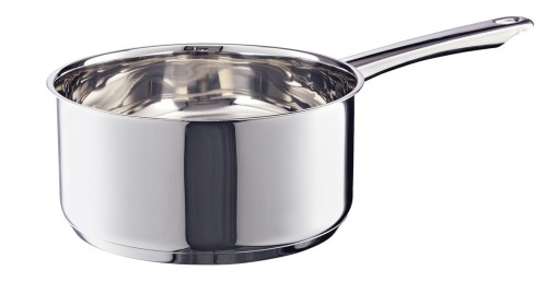Stielkasserolle. Chromnickelstahl. mit Sandwichboden, Schüttrand und Edelstahlkaltgriff.