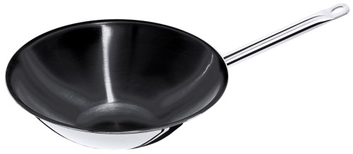 Antihaft-Wok mit abgeflachtem Boden aus mehrschichtigem Material: Ummantelung aus Edelstahl 18/10 und 18/0, mit