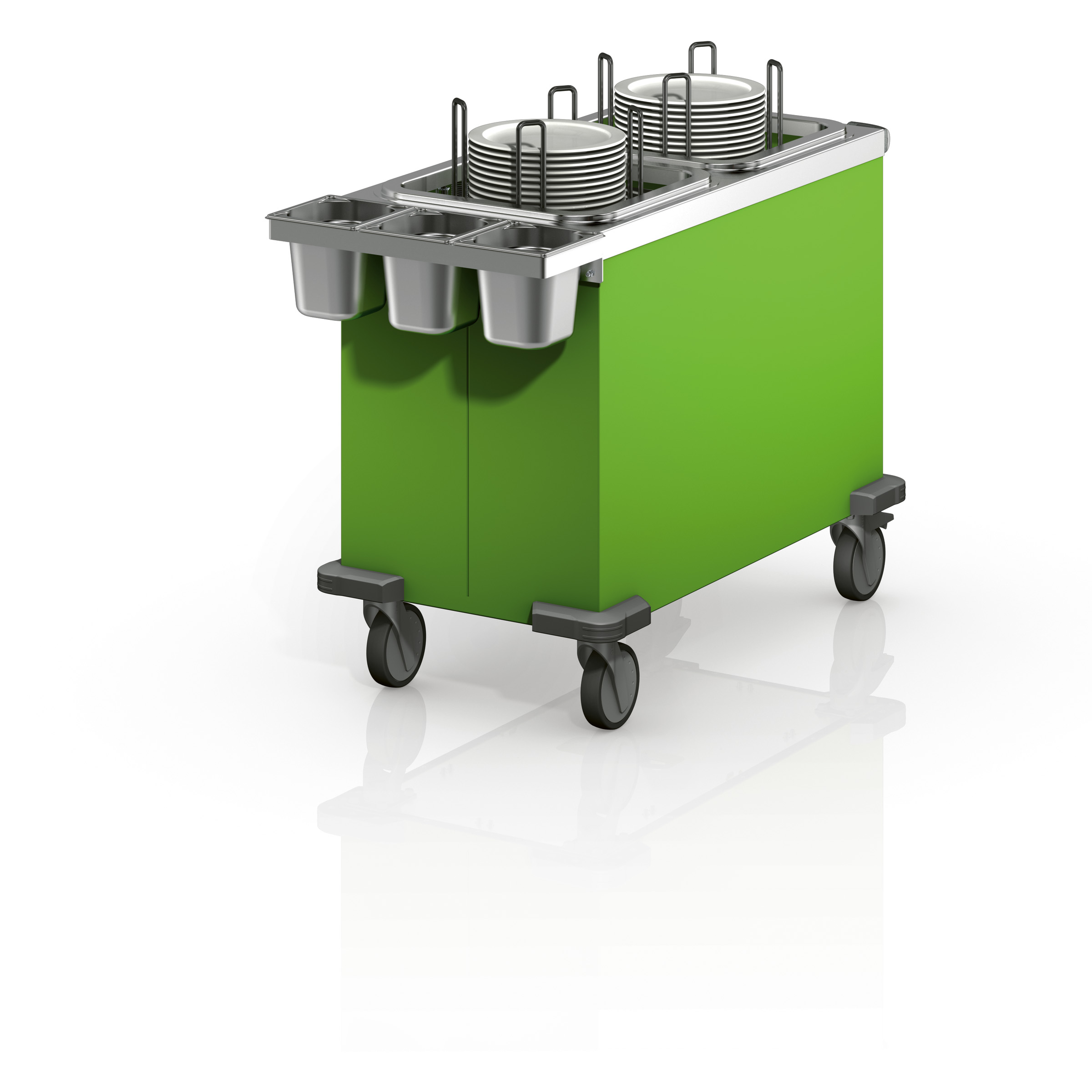 BLANCO Tellerspender aus rostfreiem Edelstahl, mit niedriger Höhe für Kinderverpflegung, 4 Lenkrollen Ø 125 mm, davon 2 mit Feststeller,