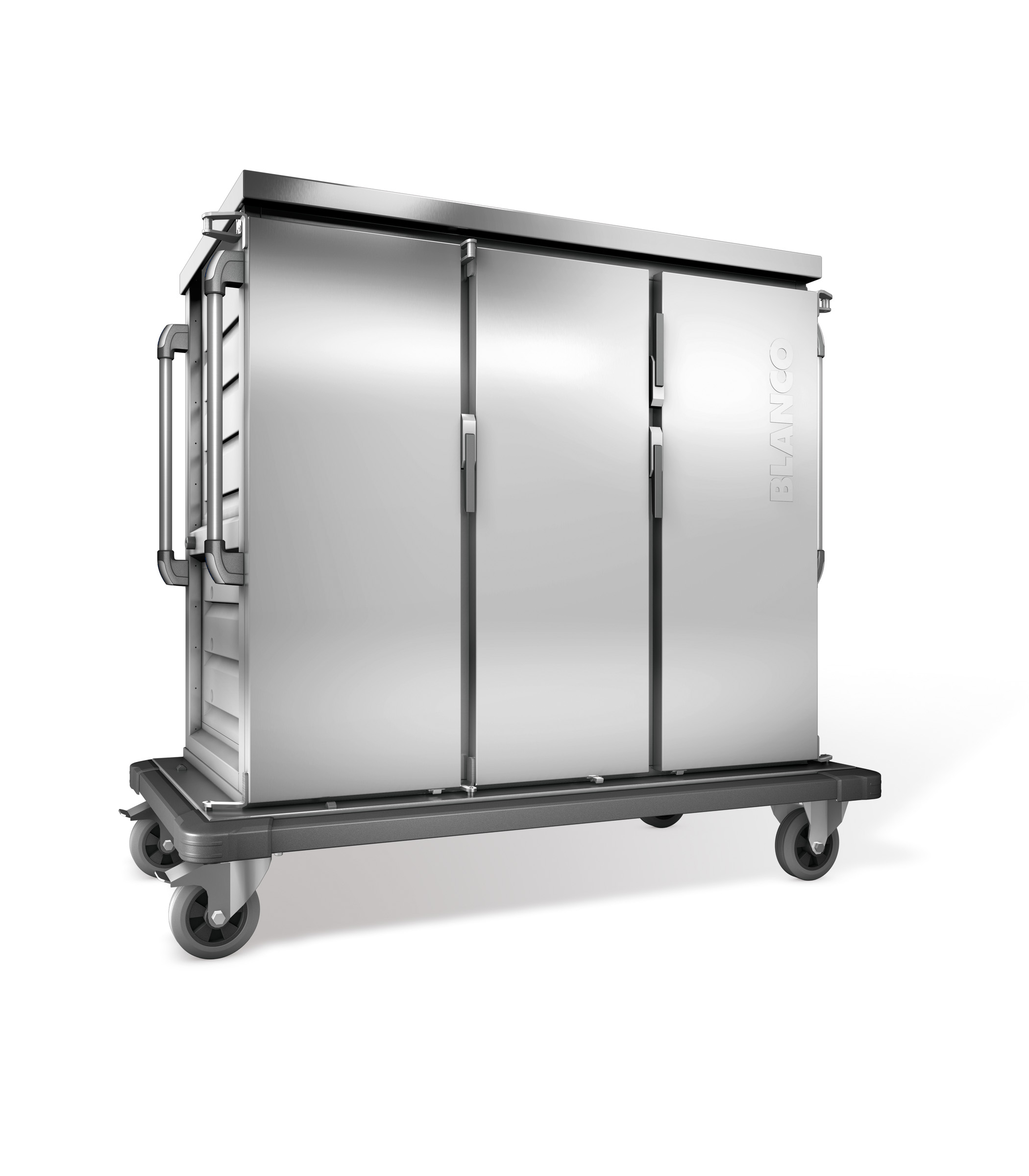 BLANCO Tablett-Transportwagen, einwandig, 3 Flügeltüren / 3 Schrankräume, 4 stahlverzinkte Rollen Ø 160 mm, 2 Bockrollen und 2 Lenkrollen mit