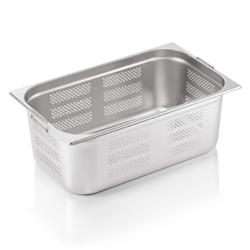 GN 1/1 Behälter, Boden- und Seitenlochung. Materialstärke 0,6 mm, mit Fallgriffen. Material: Chromnickelstahl. Serie: GN 74. Inhalt in