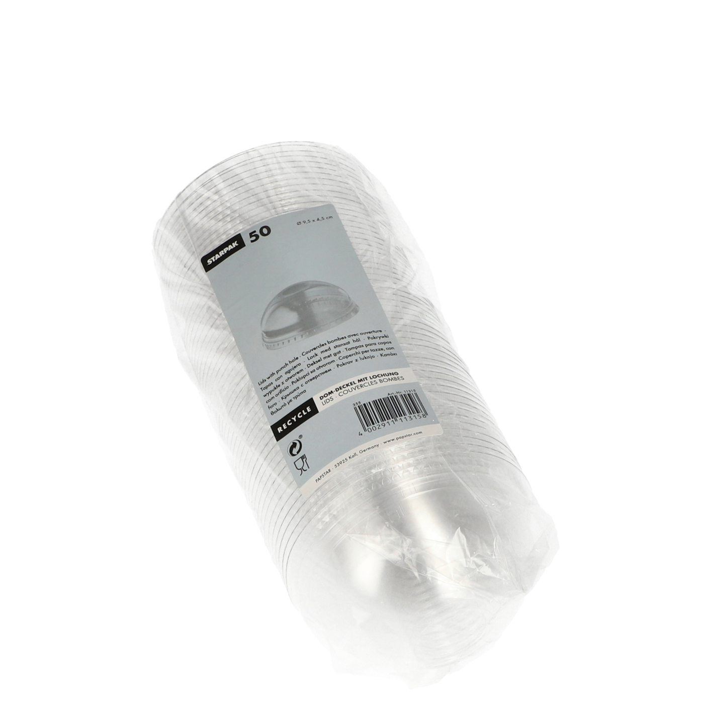 50 Dom-Deckel "Hurricane", PET rund Ø 9,5 cm · 4,5 cm glasklar mit Lochung von Starpak