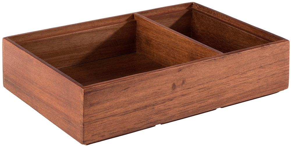Holzbox -WOODY- 22,5 x 15 cm, H: 5,5 cm Akazienholz unterteilt in 2 Fächer: - 1. Fach: innen: 13,5 x 13 cm - 2. Fach: innen:
