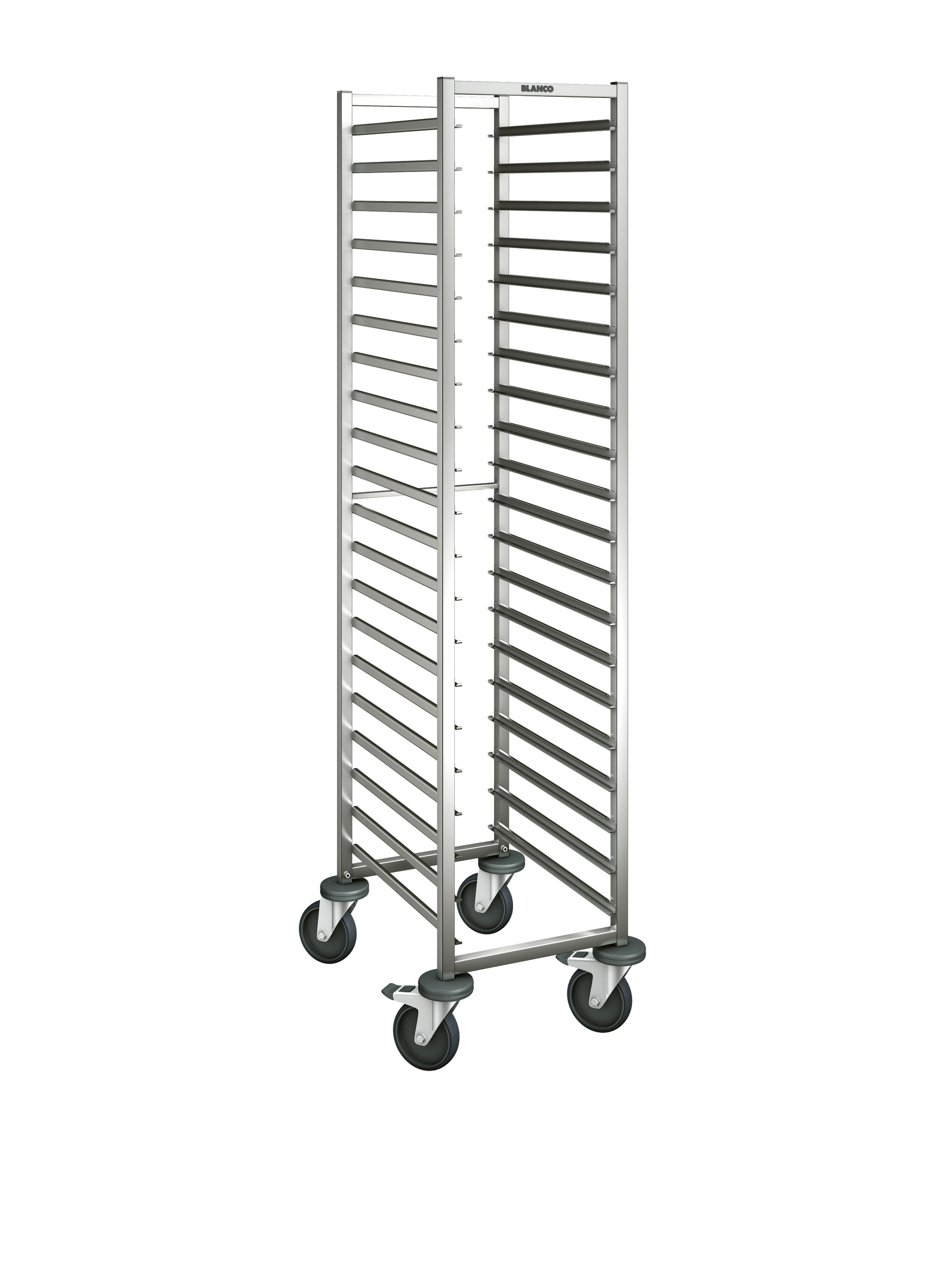 BLANCO Regalwagen a. rostfreiem Edelstahl mit stahlverzinkten Rollen, Auflagenpaare: 20 Paar, Auflagenabstand: 75 mm, Kapazität: 20 GN 1/1 oder
