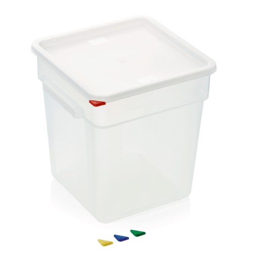 HACCP Vorratsbehälter, mit farbigen HACCP Clips, mit Skalierung und Griffen. Material: Polyethylen, Polypropylen. Inhalt in Litern: 18.