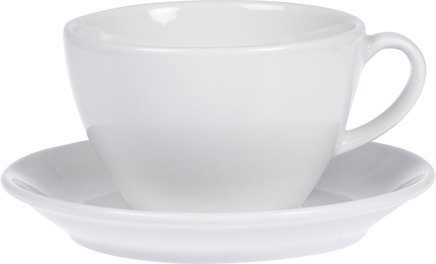 Milchkaffee-Tasse BISTRO, Inhalt: 0,4 ltr., mit Untertasse, aus Porzellan, UNI WEISS, Henkelform rund, Höhe: 7,6 cm