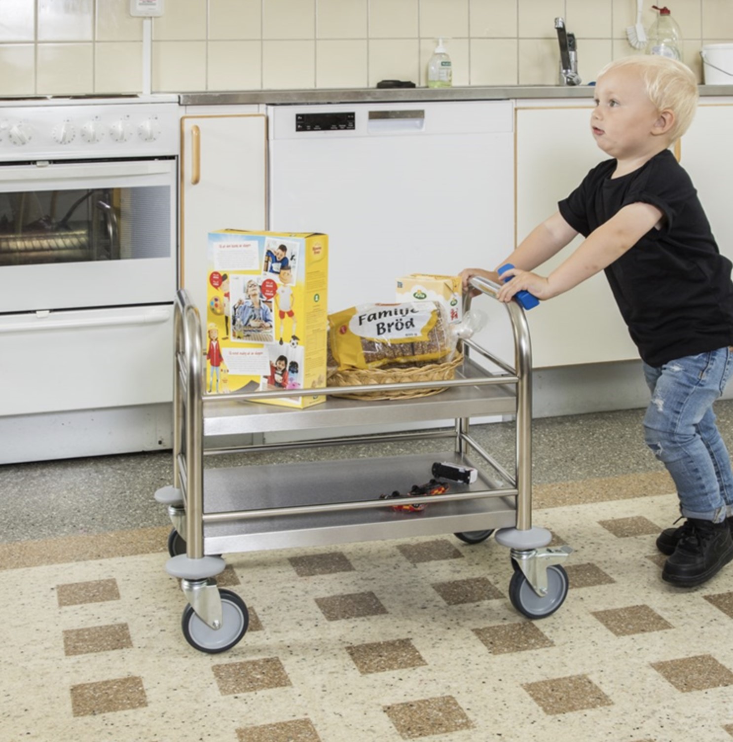 Mini-/ Kinder-Servierwagen TINY mit 2 Böden aus Edelstahl, 530 x 375 x 550mm, Traglast 80kg