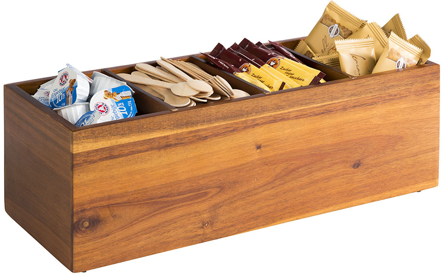 Holzbox -WOODY- 36 x 14 cm, H: 12,5 cm Akazienholz 4 Fächer je 12,5 x 8 cm nicht spülmaschinengeeignet stapelbar Farbe: Braun