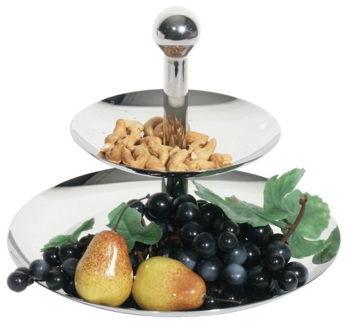 Schalen-Etagere mit zwei Schalen ganz aus Edelstahl, hochglänzend, 2 cm hohe Schalen Durchmesser: 16 cm / 27 cm, Höhe: 22 cm [Einfache