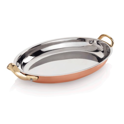 Servierpfanne, mit 2 Seitengriffen. Innen Chromnickelstahl, außen Kupferbeschichtung, ohne Sandwichboden, nicht für Herdplatten geeignet,