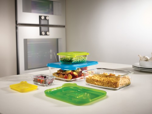 Joseph Joseph Nest Glass Storage - 4-teiliges Aufbewahrunsgbehälterset aus Glas - mehrfarbige Deckel