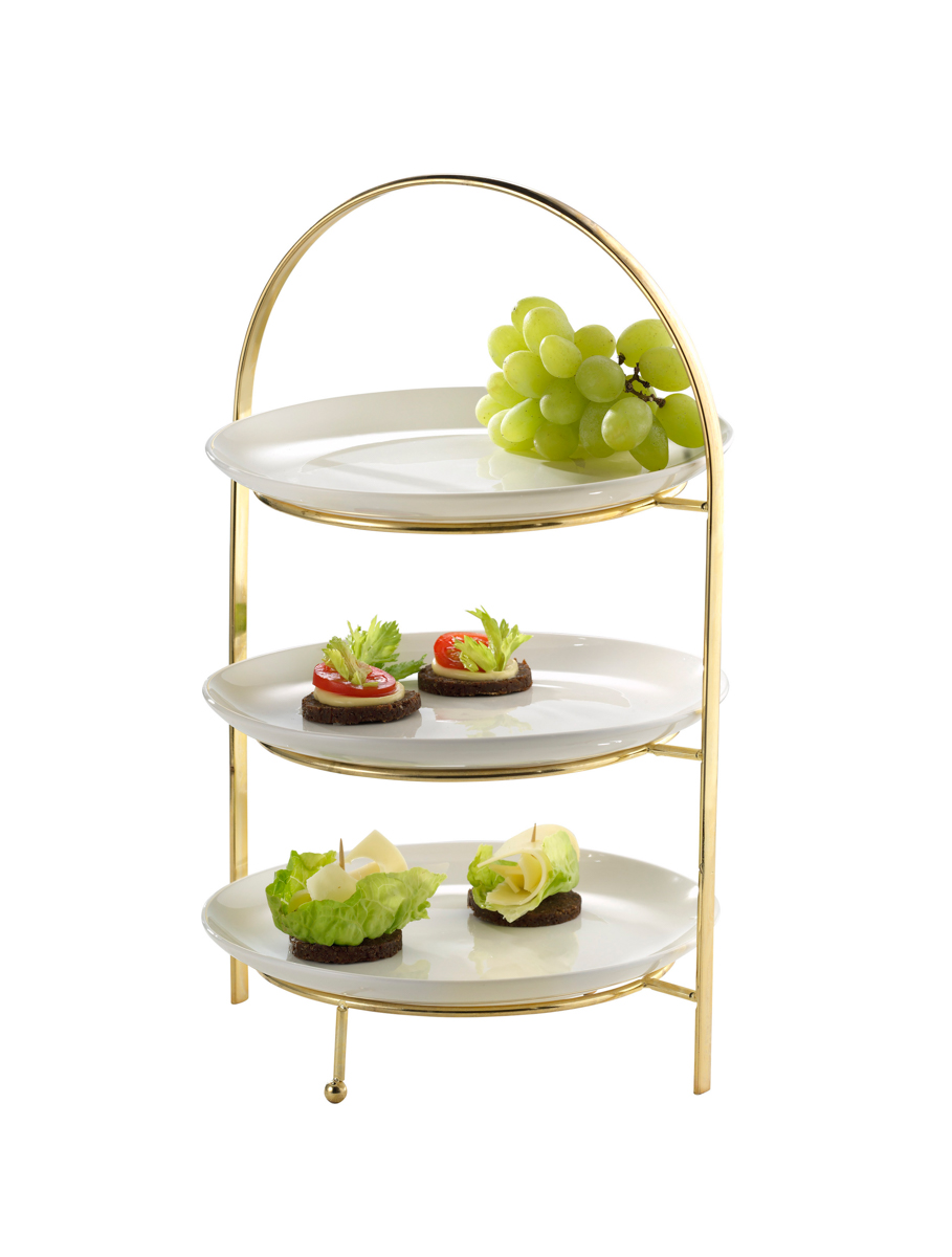 Etagere MILO, 3-stufig, Ständer aus goldfarbenem Metall, Teller creme, Durchmesser: ca. 21 cm.