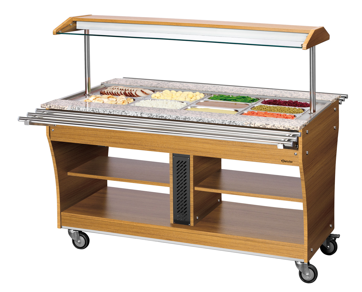 Bartscher Buffetwagen, warm, 4x 1/1GN |Temperaturbereich von: 30 °C | Maße: 149 x 88 x137,0 cm. Gewicht: 136 kg