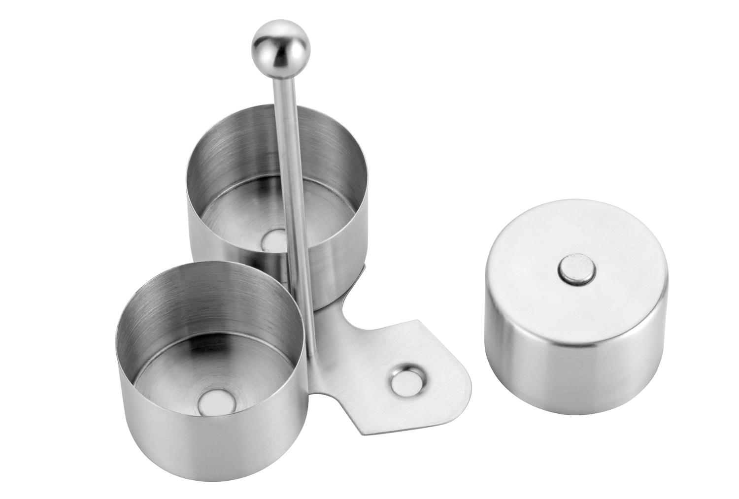 Snack- und Dip-Set BOSTON, Edelstahl 18/10, Maße: 160 x 160 x 240 mm, mit 3 Schalen und einem Halter.