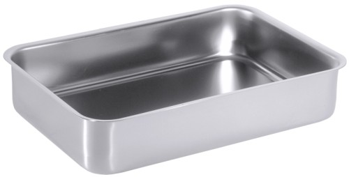 Auslage-/Auflaufform aus Edelstahl 18/10, seidenmatt poliert, steile Wandung, mit schmalem, glatt auslaufenden Rand, schwere