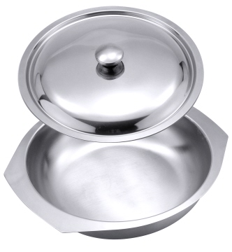 Knopfdeckel 22 cm aus Edelstahl, hochglänzend, ohne Löffelausschnitt.