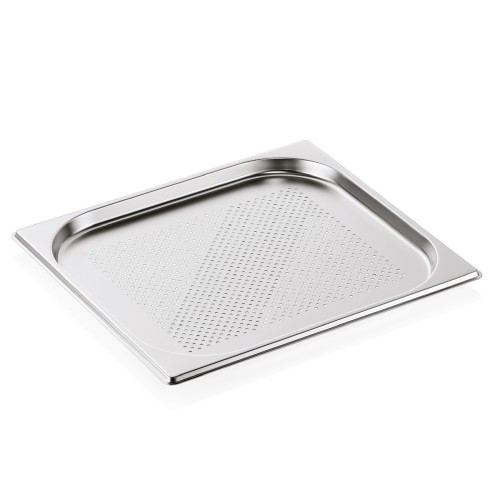 GN 2/3 Behälter, Bodenlochung. Materialstärke 0,6 mm. Material: Chromnickelstahl. Serie: GN 71. Inhalt in Litern: 1,5. Maße: Höhe: 20 mm