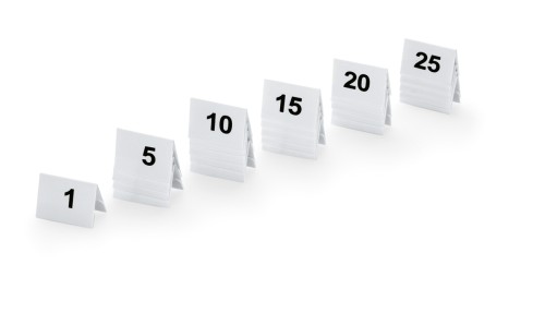 Tischnummernschild Set. 1-25. Kunststoff. beidseitig bedruckt. Maße: 5 x 3 x 3,5 LxBxH.