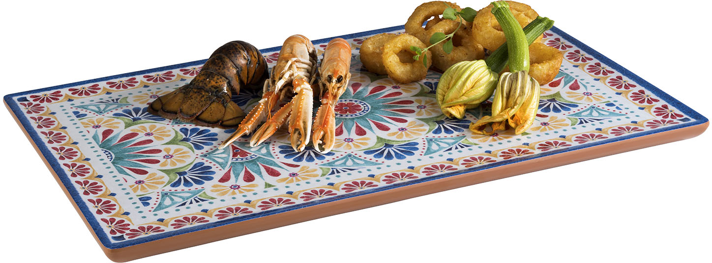 GN 1/1 Tablett -ARABESQUE- 53 x 32,5 cm, H: 2 cm Melamin innen: Dekor außen: Terrakottaoptik mit Antirutsch-Füßchen
