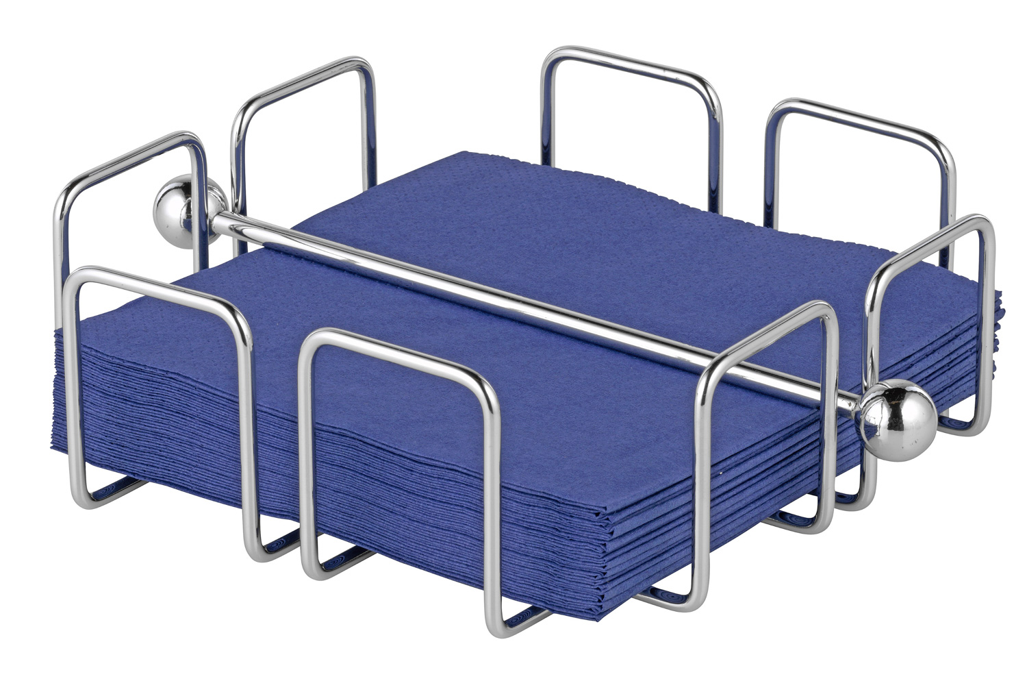 Serviettenhalter WIRE aus verchromtem Metall, für ca. 50 Stück. Mit 4 Kunststoffstoppern für einen stabileren Stand auf der Oberfläche.