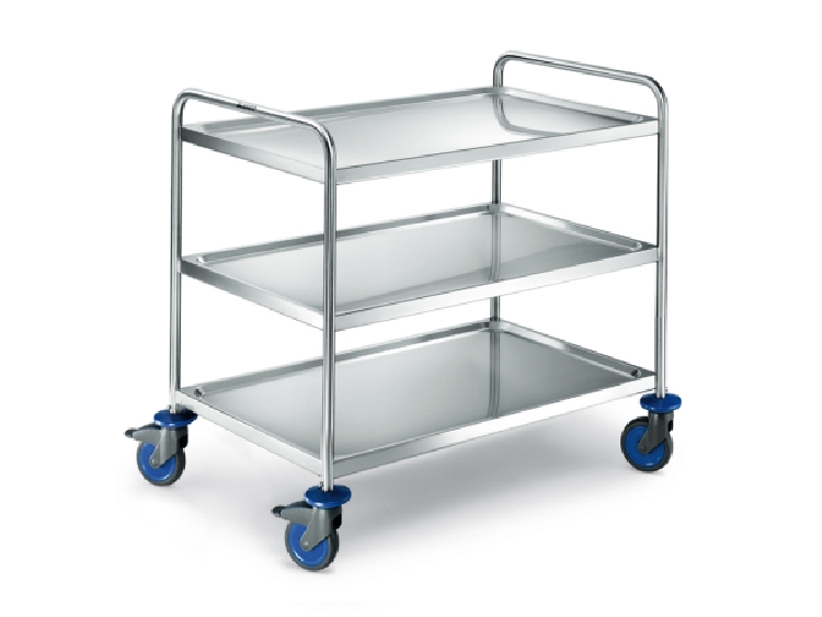 Blanco Transportwagen mit luftidentischen Reifen, aus rostfreiem Edelstahl, mit 3 Borden, SW8x5-3, 4 Rollen, davon 2 mit Feststeller