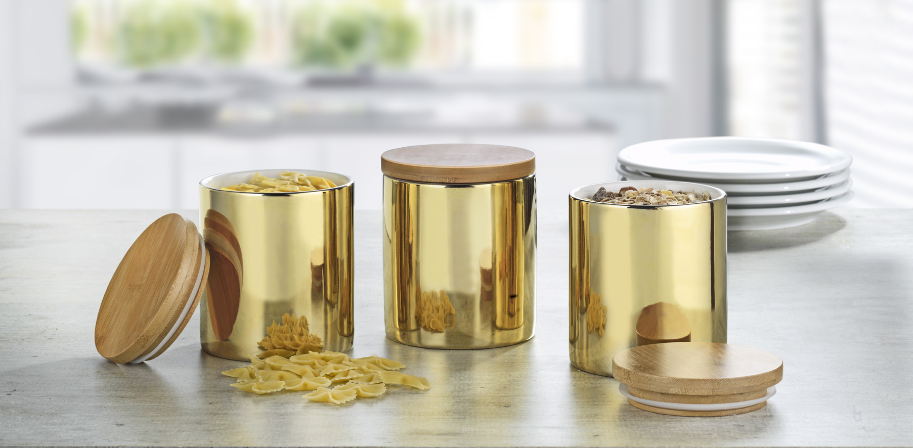 3-teiliges Vorratsdosen-Set GRENOBLE, Höhe 12 cm aus Porzellan, Farbe: Gold (innen weiß).