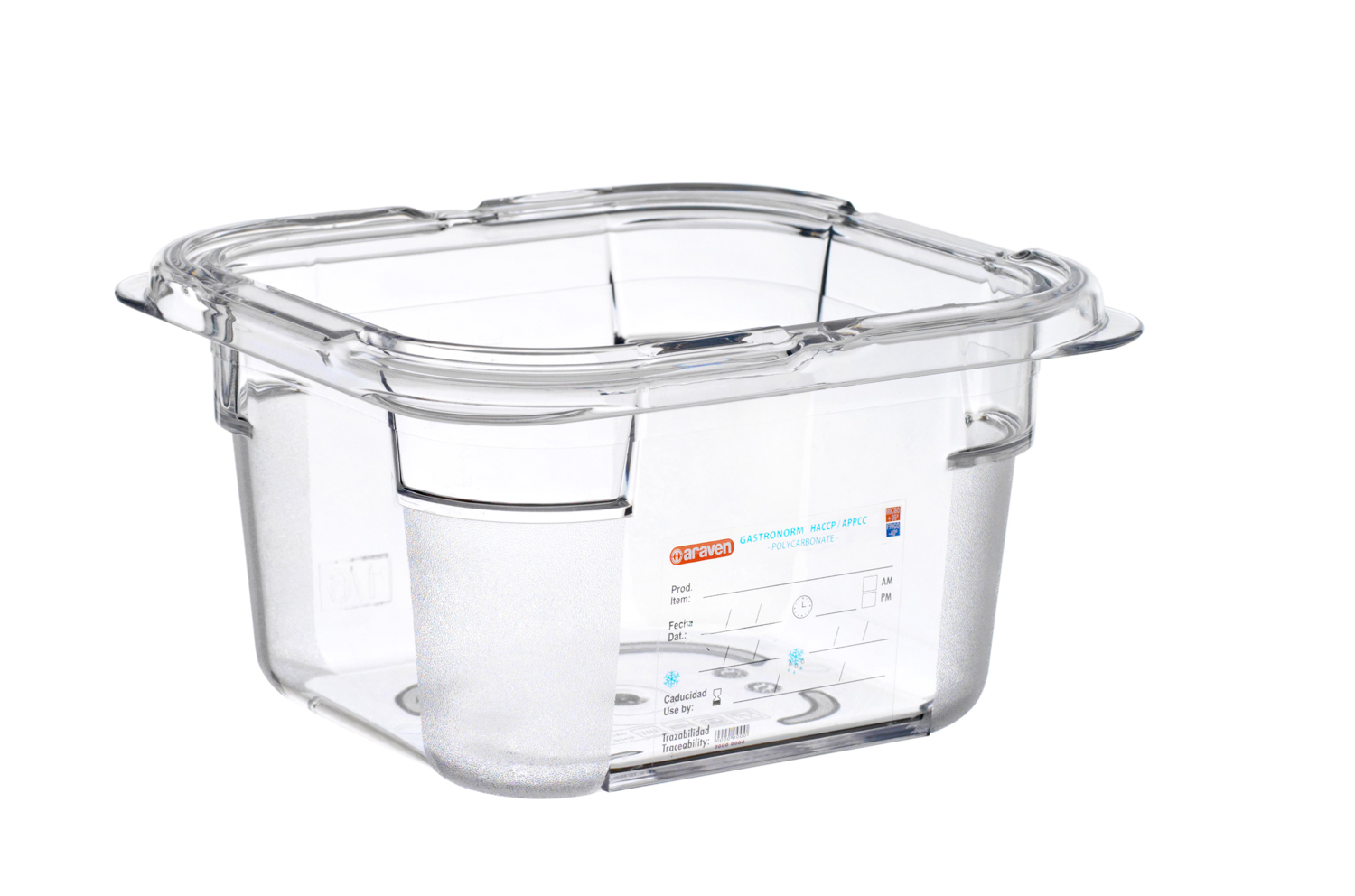 ARAVEN Behälter aus Polycarbonat GN 1/6 100mm Höhe und 1,5 Liter Fassungsvermögen, durchsichtig