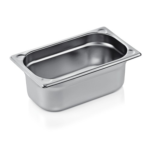 GN 1/4 Behälter, Materialstärke 0,6 mm, Randverstärkung durch geprägte U-Ecken. Material: Chromnickelstahl. Serie: GN 76. Inhalt in Litern: