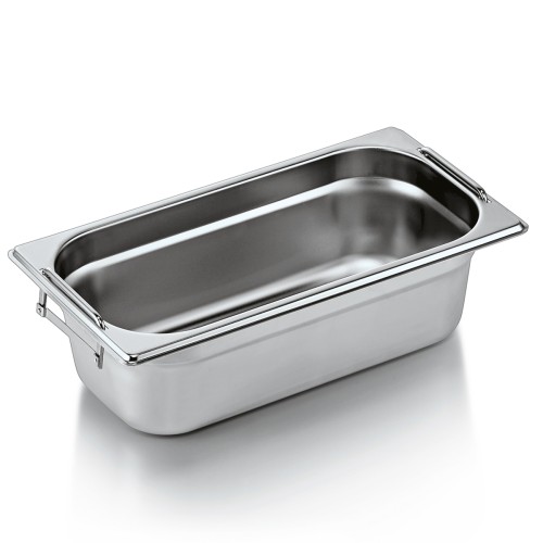 GN 1/3 Behälter, Materialstärke 0,6 mm, mit Fallgriffen. Material: Chromnickelstahl. Serie: GN 73. Inhalt in Litern: 4. Maße: Höhe: 100 mm