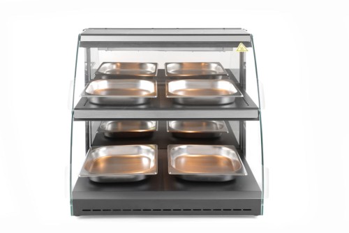 Warmhaltevitrine mit Quartzheizung, 2 Auslagen. Gehärtetes Glas an den Seiten, geschwungene Glastüren
