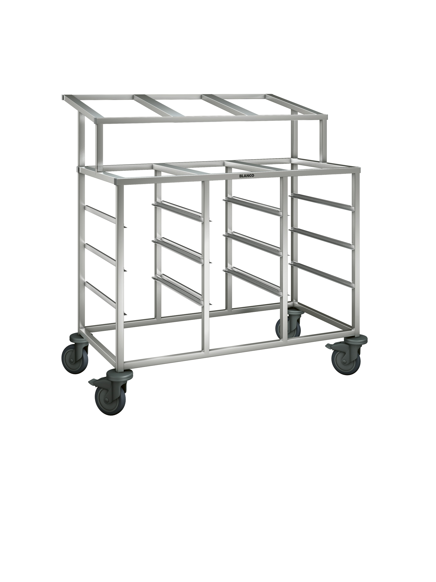 BLANCO Regalwagen a. rostfreiem Edelstahl mit Kunststoffrollen, 3-teilig, mit Aufsatz, zum Einhängen von GN-Behältern, Auflagenpaare: 9 Paar