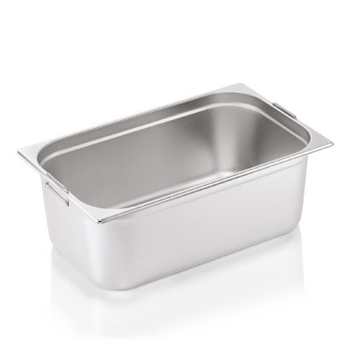GN 1/1 Behälter, Materialstärke 0,6 mm, mit Fallgriffen. Material: Chromnickelstahl. Serie: GN 73. Inhalt in Litern: 28. Maße: Höhe: 200 mm