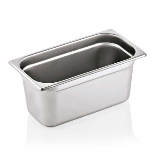 GN 1/3 Behälter, Materialstärke 0,7 mm. Material: Chromnickelstahl 18/8. Serie: GN 90. Inhalt in Litern: 5,7. Maße: Höhe: 150 mm