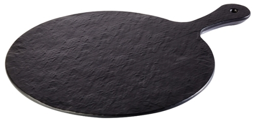 Tablett -SLATE-ROCK- Ø 30 cm, H: 1,5 cm Melamin, schwarz, Schieferlook strukturierte Oberfläche Griff: 12 cm