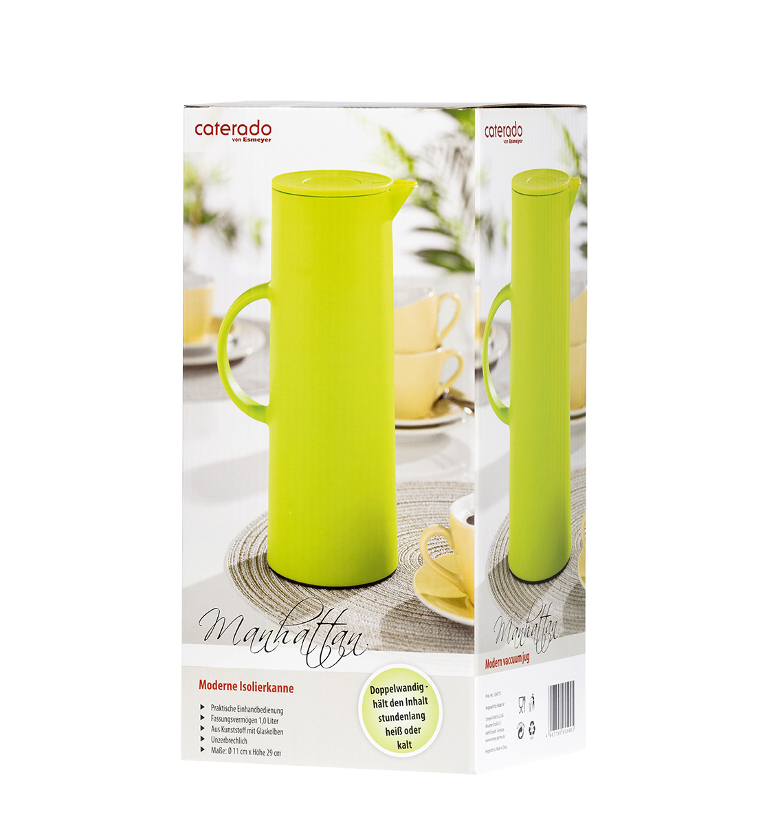 Isolierkanne "MANHATTAN", Inhalt 1 Liter, grün, mit Glas-Isoliereinsatz, mit praktischer Druck- taste für einfaches Öffnen mit einer Hand,
