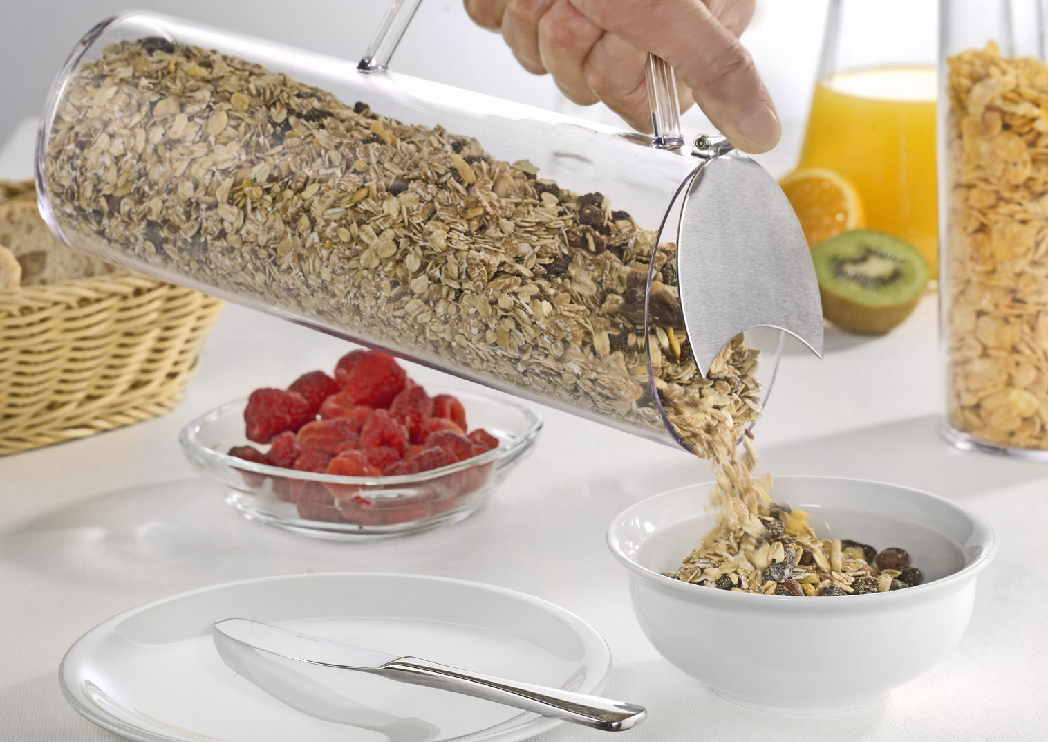 3-tlg. Cerealien-Bar LUCKY, Kapazität: 2x 1,5 Liter, Maße: 26 x 16,5 x 32 cm. Ständer mit Stufenhöhe: 8 cm.