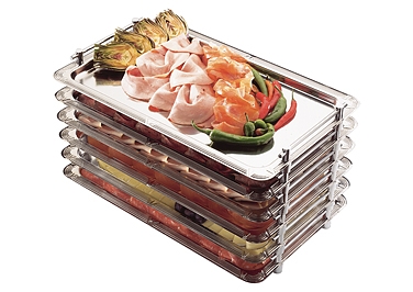 GN 1/1 System-Tablett 53 x 32,5 cm, Nutzhöhe 4 cm 18/10 Edelstahl fest verschraubte, verchromte Griffe inkl. Distanzstücke