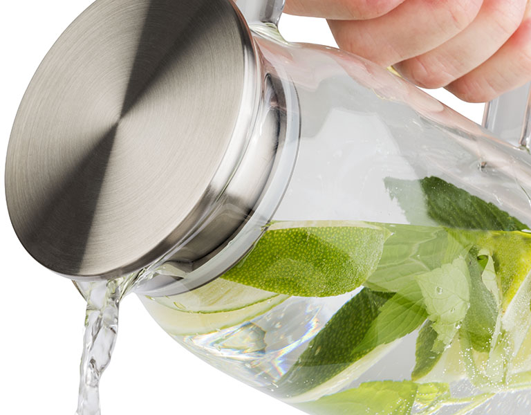 Glaskaraffe Ø 10 cm, H: 26 cm, 1,5 Liter Glas, Edelstahl Deckel matt poliert spülmaschinengeeignet zerbrechlich Farbe: