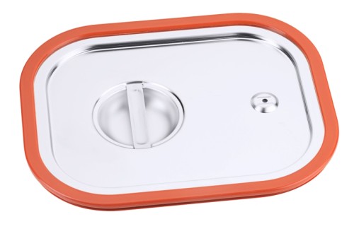 GN-Deckel mit Gummidichtung aus Edelstahl 18/10, seidenmatt poliert, mit Griffmulde und Loch gegen Unterdruck,