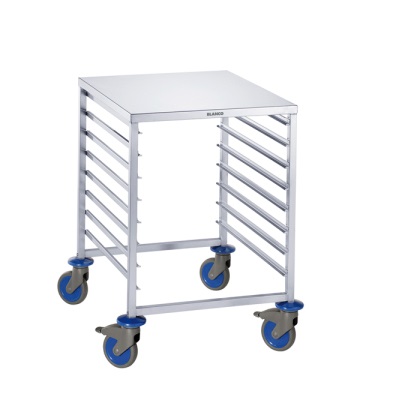 BLANCO Regalwagen a. rostfreiem Edelstahl mit Kunststoffrollen, mit Arbeitsplatte, Auflagenpaare: 8 Paar, Auflagenabstand: 73 mm,
