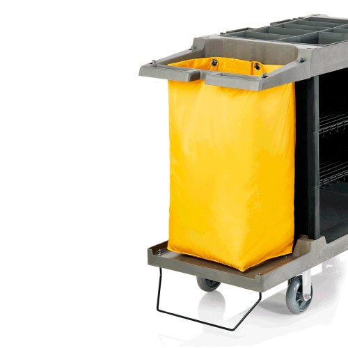 Ersatzwäschesack. 2 schwenkbare Rollen à Ø 15 cm mit Feststeller und 2 Bockrollen, aufsatzrahmen mit Einteilung, 3 Etagen für saubere Wäsche,