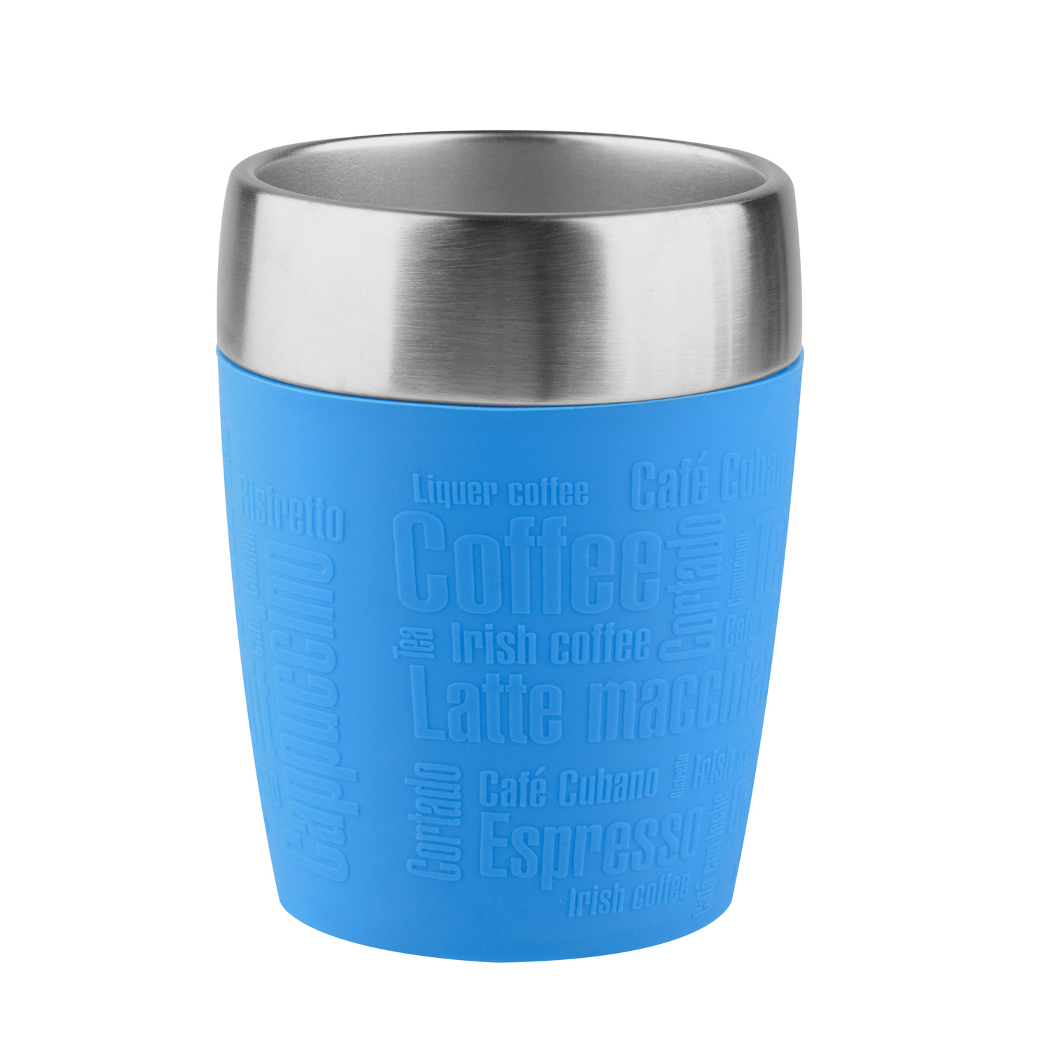 Emsa Isolierbecher TRAVEL CUP, Inhalt 0,2 Liter, Edelstahl 18/10 mit wasserblauer Manschette, mit Dreh-Trinkverschluss.