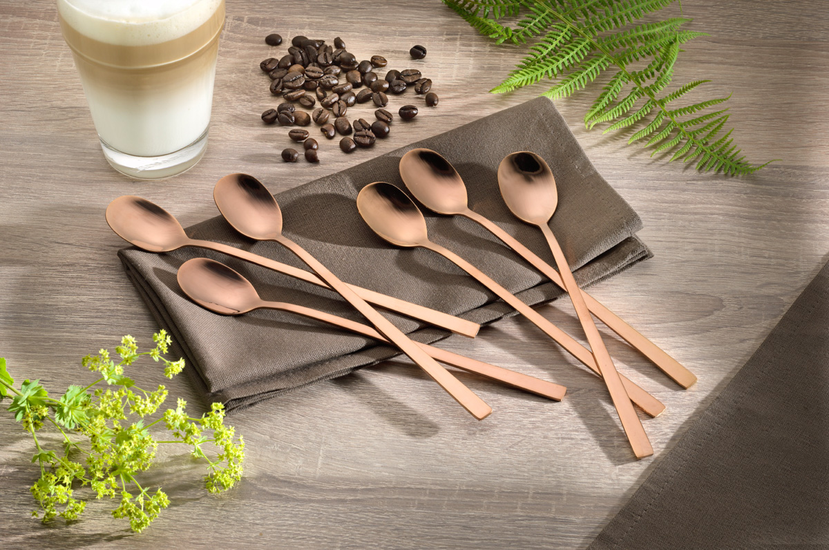 6er Pack Langstiel-Löffel MELINA, Edelstahl, mit PVD-Beschichtung, Farbe: Kupfer. Edelstahl 18/10, poliert, Materialstärke: 2.0 mm