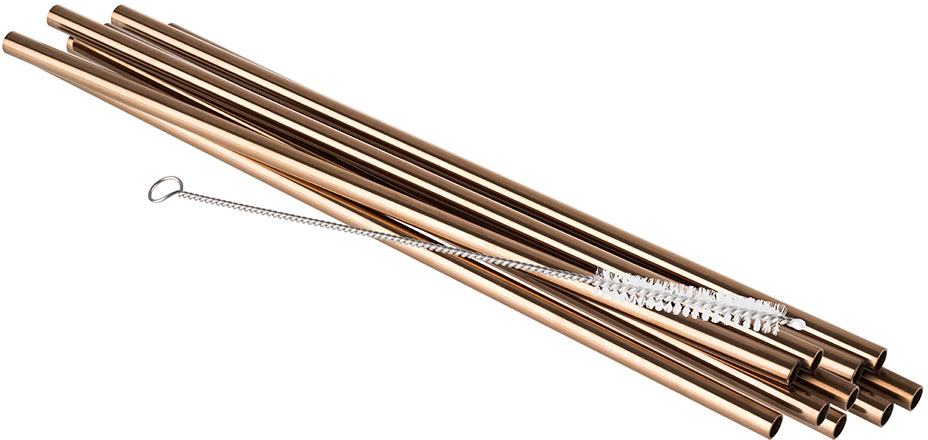 Trinkhalme 11er Set Ø 6 mm, Länge: 21,5 cm 18/8 Edelstahl, Kupfer-Look Inhalt: - 10 Trinkhalme - 1 Reinigungsbürste