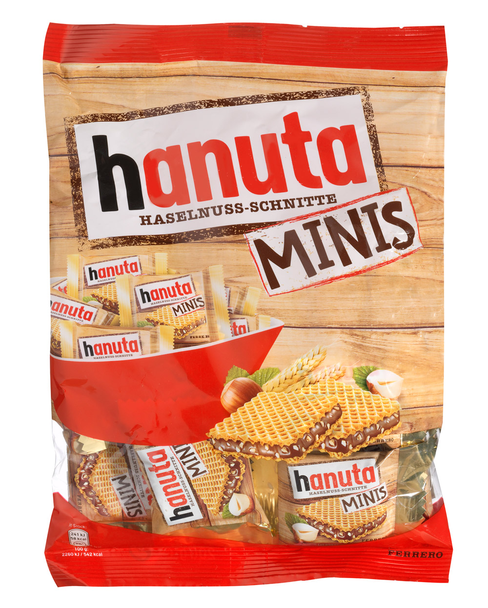Ferrero Hanuta Schokolade Haselnuss Mini Inhalt: 200g, 18 Stück je Beutel.