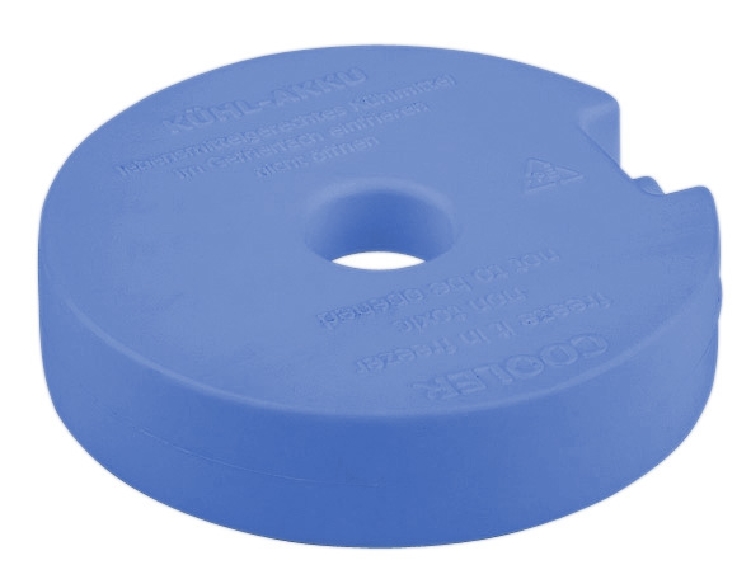 Ersatzkühlakku, gefüllt mit Kühlflüssigkeit. Durchmesser: 10,5 cm, Höhe: 2 cm.