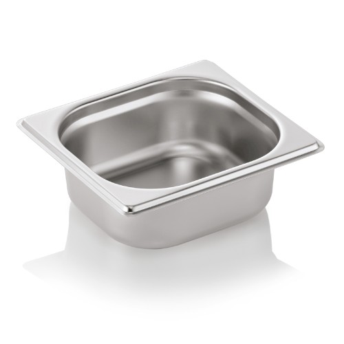 GN 1/6 Behälter, Materialstärke 0,6 mm. Material: Chromnickelstahl. Serie: GN 70. Inhalt in Litern: 1. Maße: Höhe: 65 mm