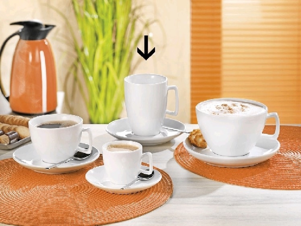 Café Grande-/Macchiato-Tasse, Inhalt: 0,25 ltr, mit Untertasse, Form CREMA, UNI WEISS, Henkelform eckig, Höhe: 10,0 cm